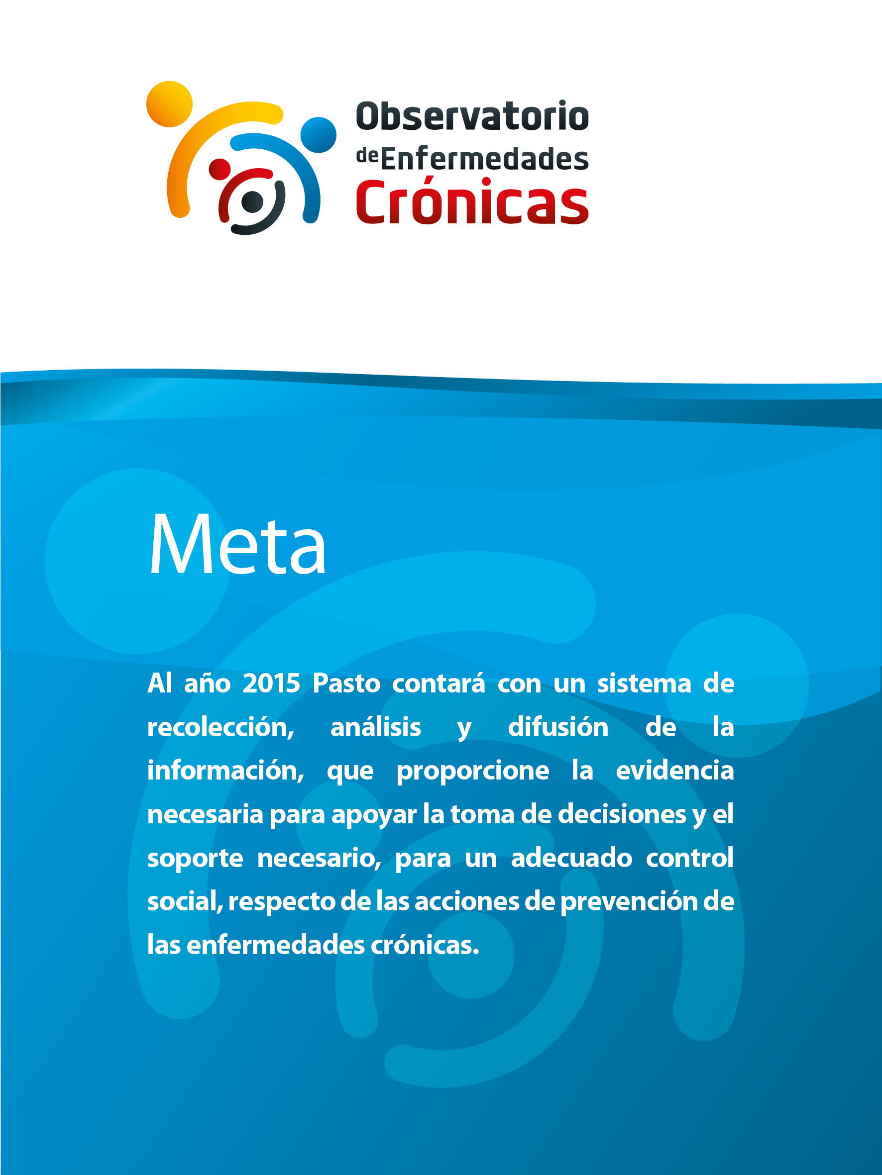 Meta: Al año 2015 Pasto contará con un sistema de recolección, análisis y difusión de la información, que proporcione la evidencia necesaria para apoyar la toma de decisiones y el soporte necesario, para un adecuado control social, respecto de las acciones de prevención de las enfermedades crónicas.